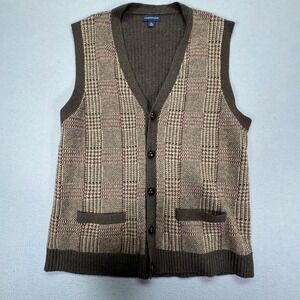 Vintage Lands End Men XL Brown Plaid Merino Wool Blend Button Front Sweater Vest